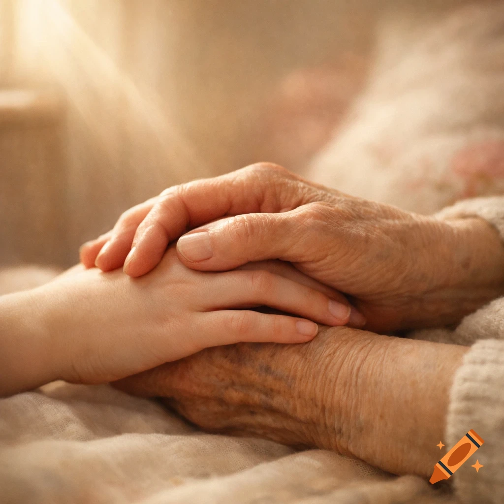 A young, smooth hand gently rests on an older, wrinkled hand, symbolizing connection and care in warm light.