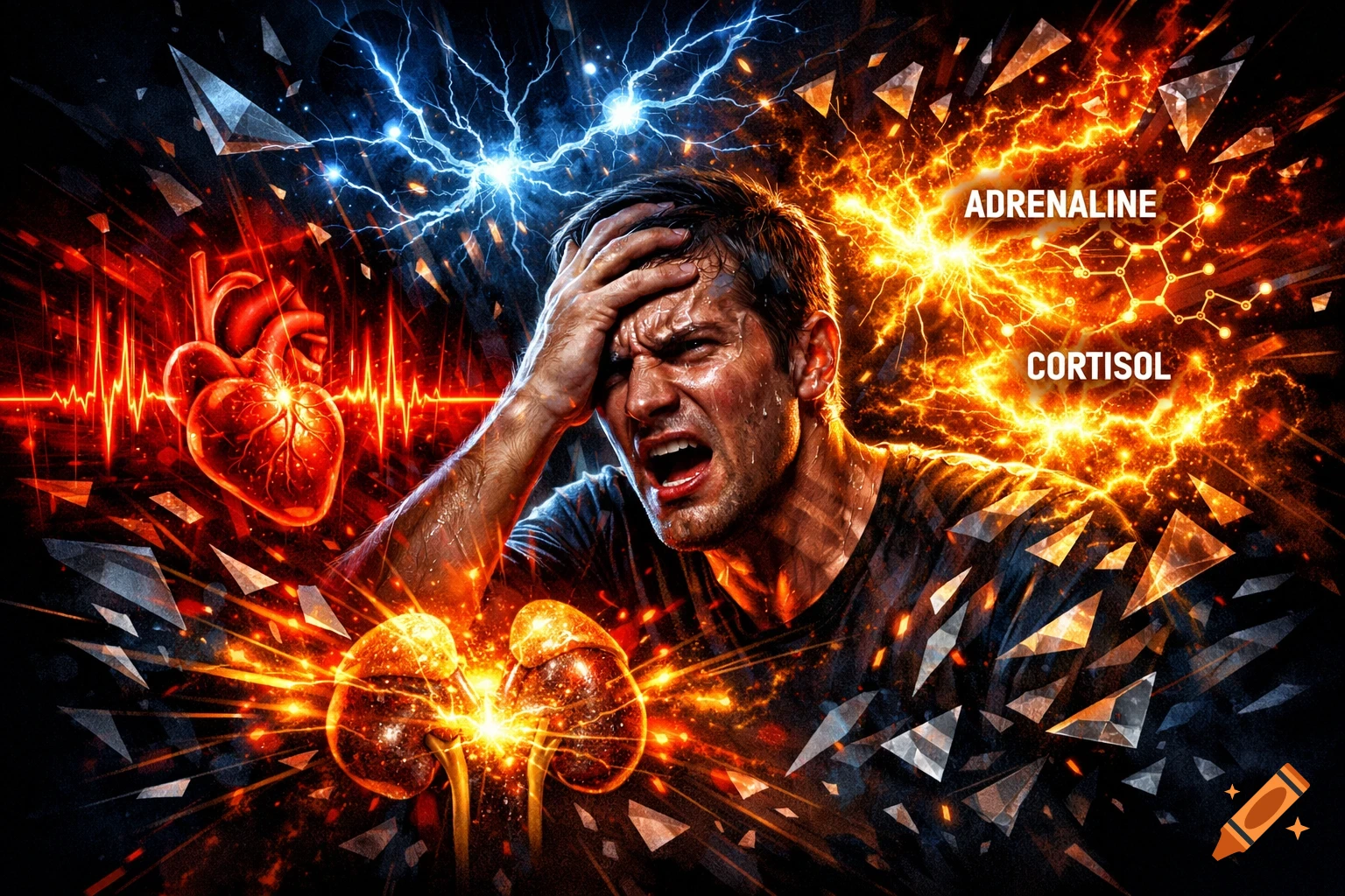 A distressed man clutches his head amidst glowing internal organs (heart, kidneys), chemical structures (adrenaline, cortisol), and electric bursts, illustrating acute stress.