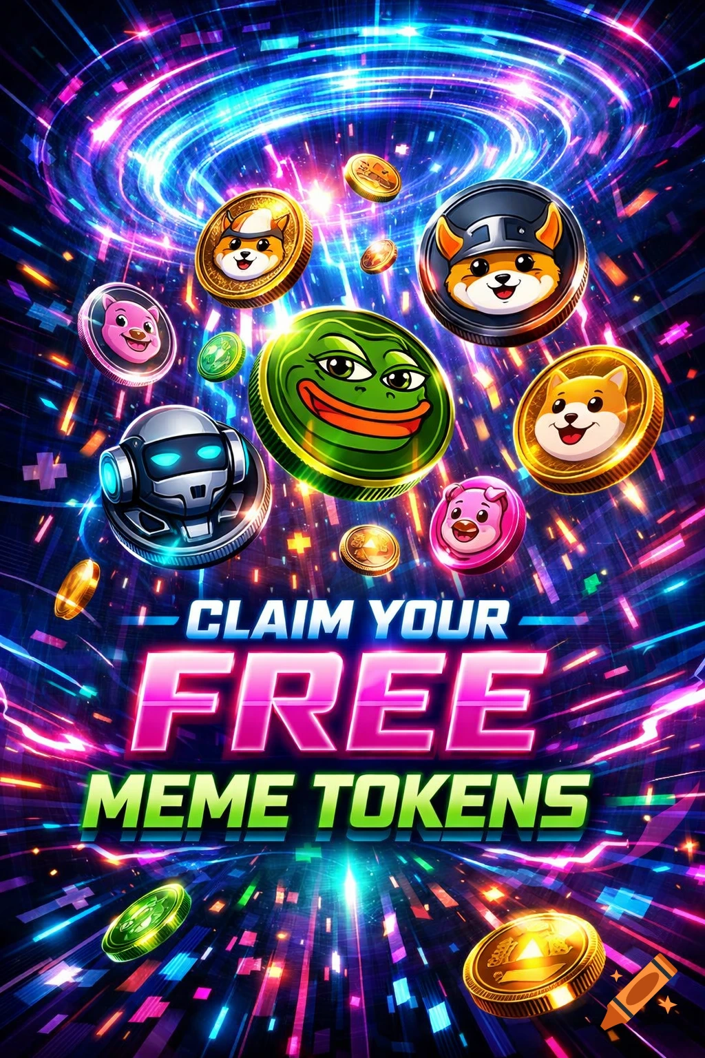 Vibrant crypto airdrop poster with flying meme tokens like Pepe the frog, Doge, pig, and a robot, amidst neon light trails. Text: 'CLAIM YOUR FREE MEME TOKENS'.