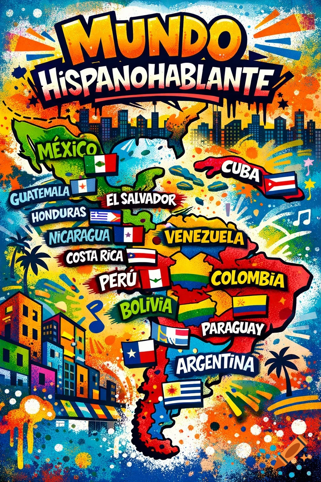 Colorful, stylized map of Spanish-speaking countries like Mexico and Cuba, with names and flags, in a vibrant street art style.