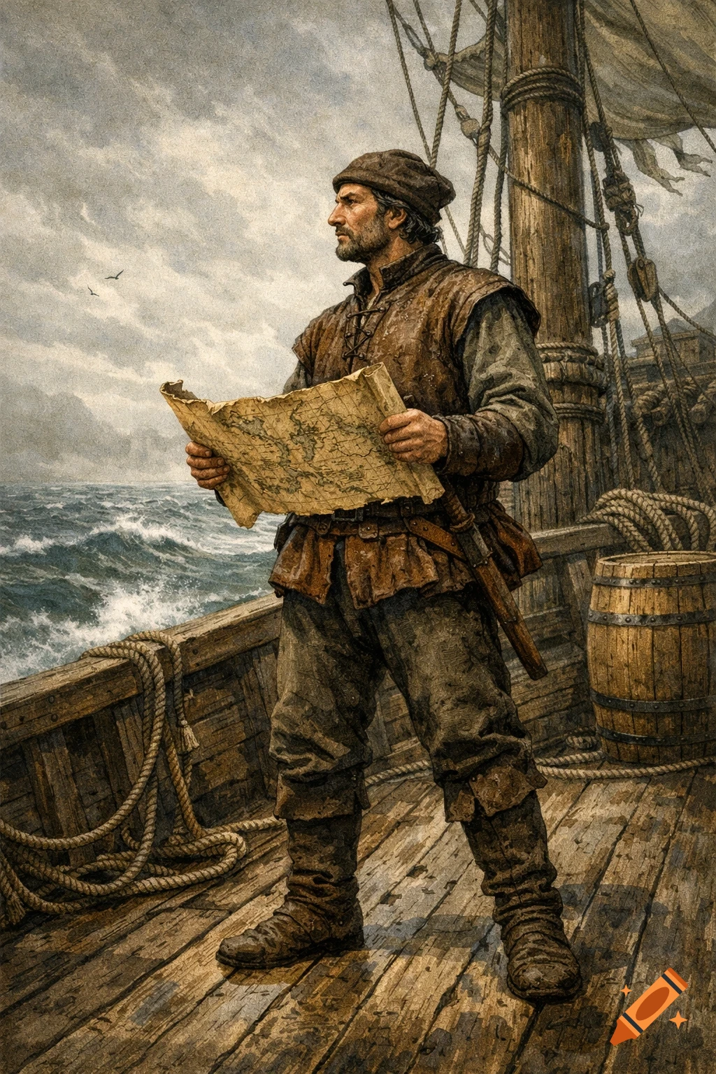 15th-century European explorer on a wooden sailing ship, holding a map and gazing at the stormy sea, in historical illustration style.