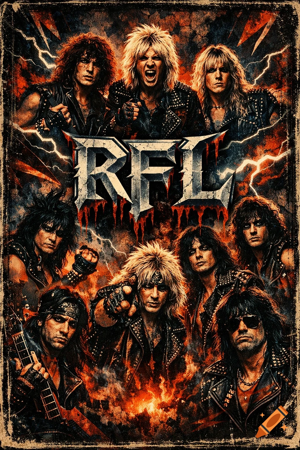 Heavy metal band poster with 8 members, fiery background, lightning, and RFL logo in the center.