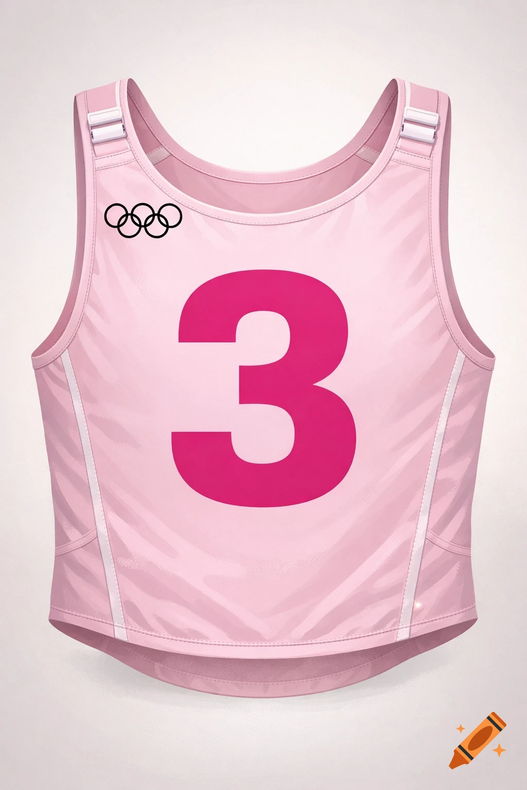 Light pink sports vest with a large fuchsia number 3 and black Olympic rings logo on the chest, illustrated.