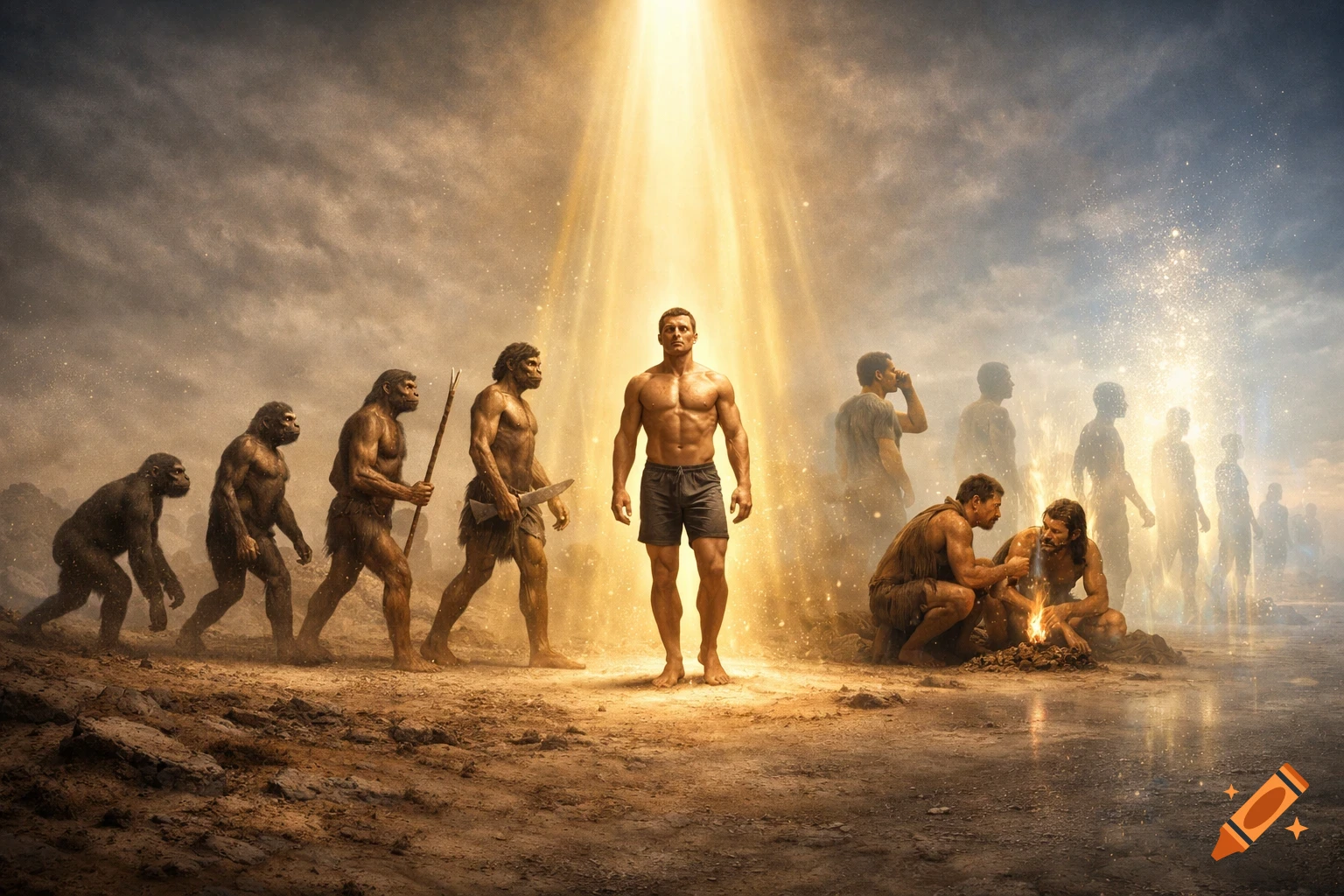 Photorealistic depiction of human evolution from ape to modern man, with a muscular man bathed in a golden light beam.
