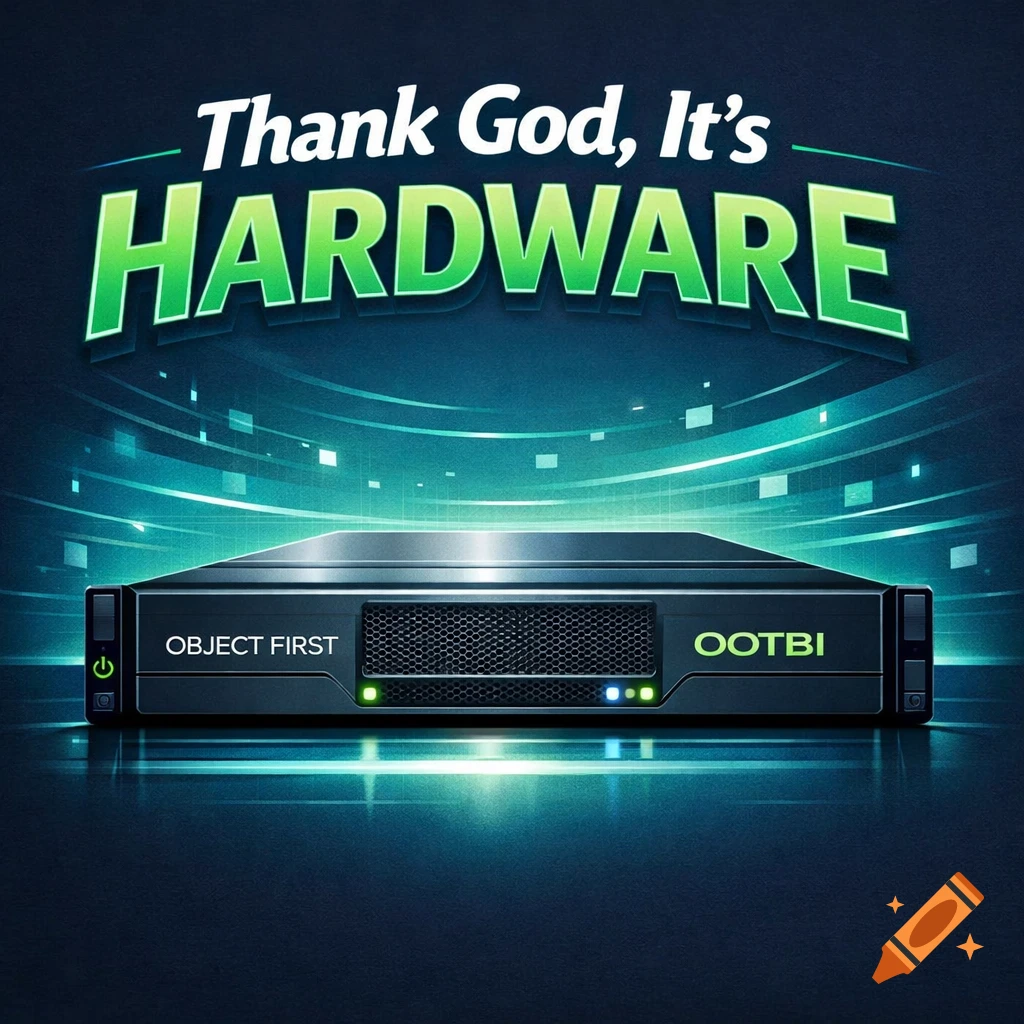 Stylized illustration of a black server appliance with glowing lights on a tech-themed background, featuring text 'Thank God, It's HARDWARE' and 'OBJECT FIRST OOTBI'.