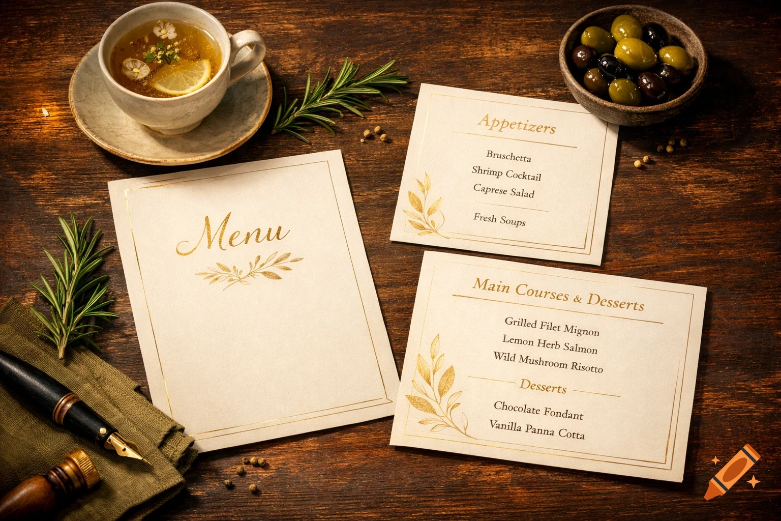 Photorealistic overhead shot of a table with elegant menu cards, a cup of tea, olives, a fountain pen, and rosemary sprigs.