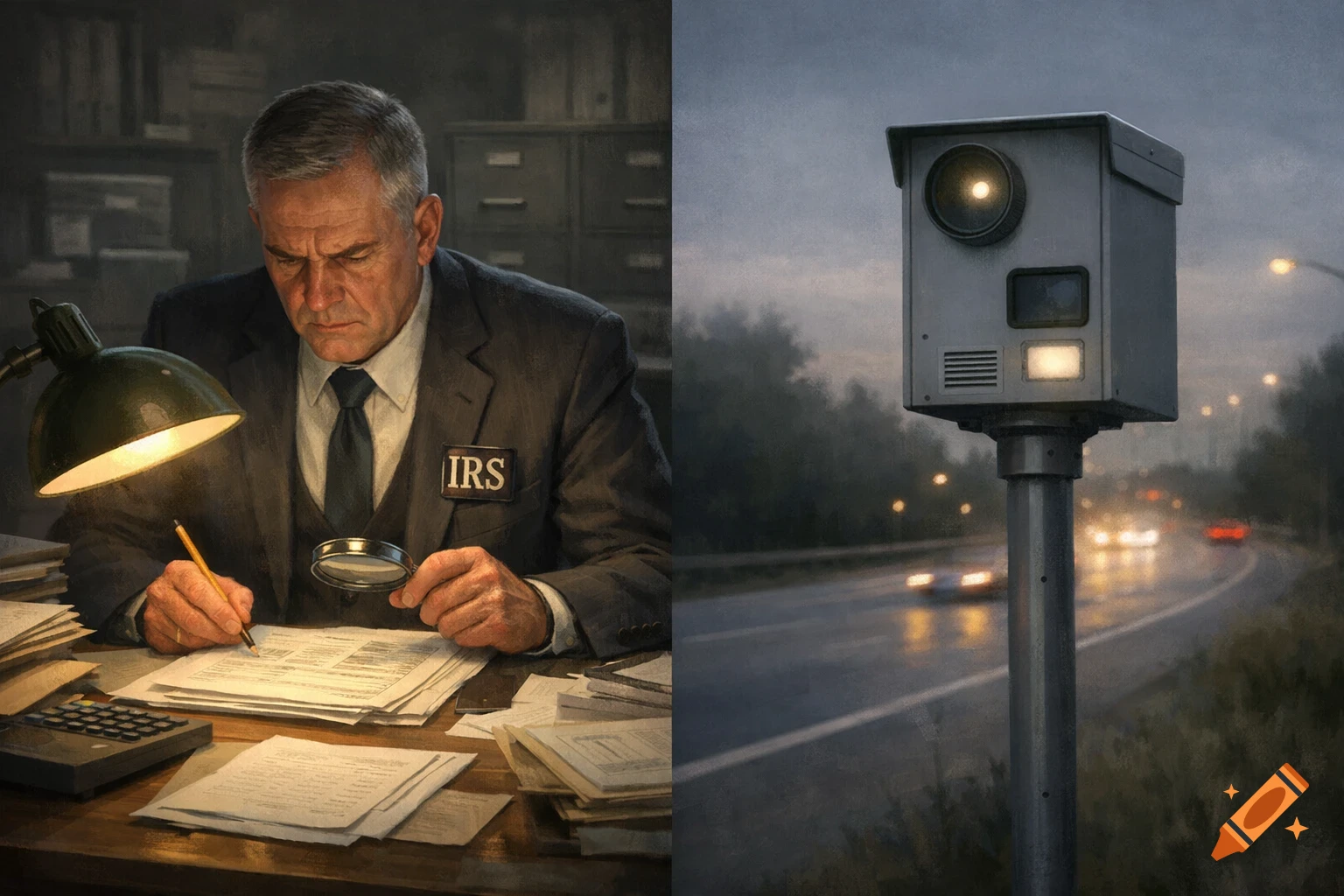 A split image shows a man with an IRS badge examining documents on the left, and a speed camera by a wet road at dusk on the right. Illustrative style.