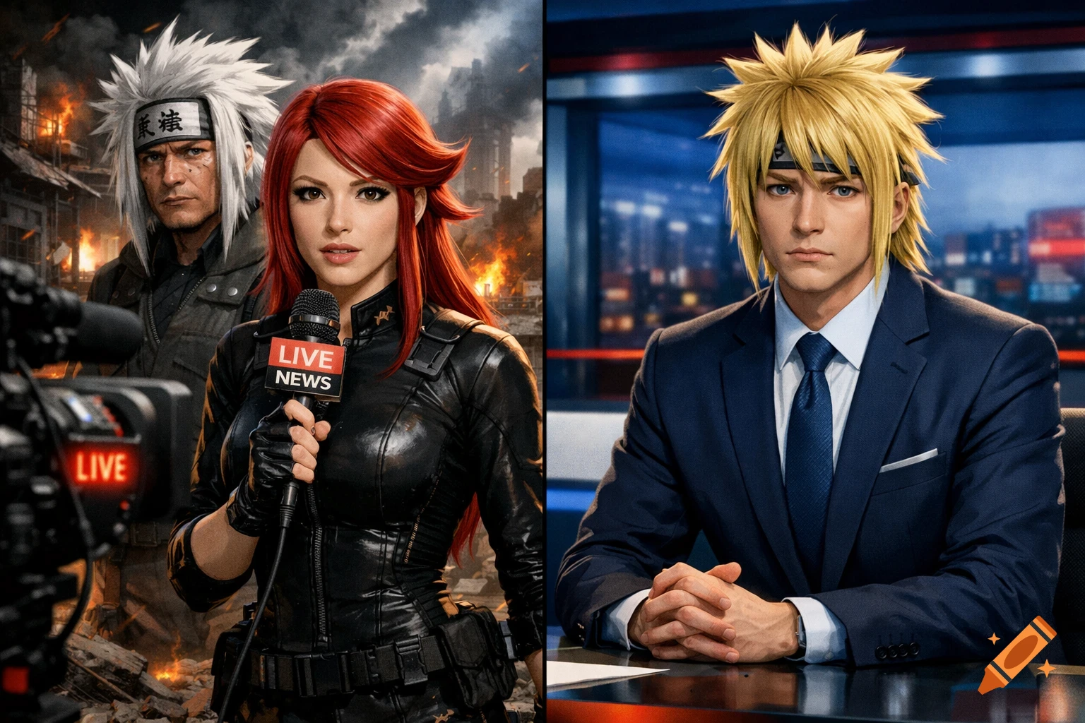 Split image: a red-haired woman and Jiraiya reporting live from a war zone; Minato Namikaze in a suit anchors from a news studio.