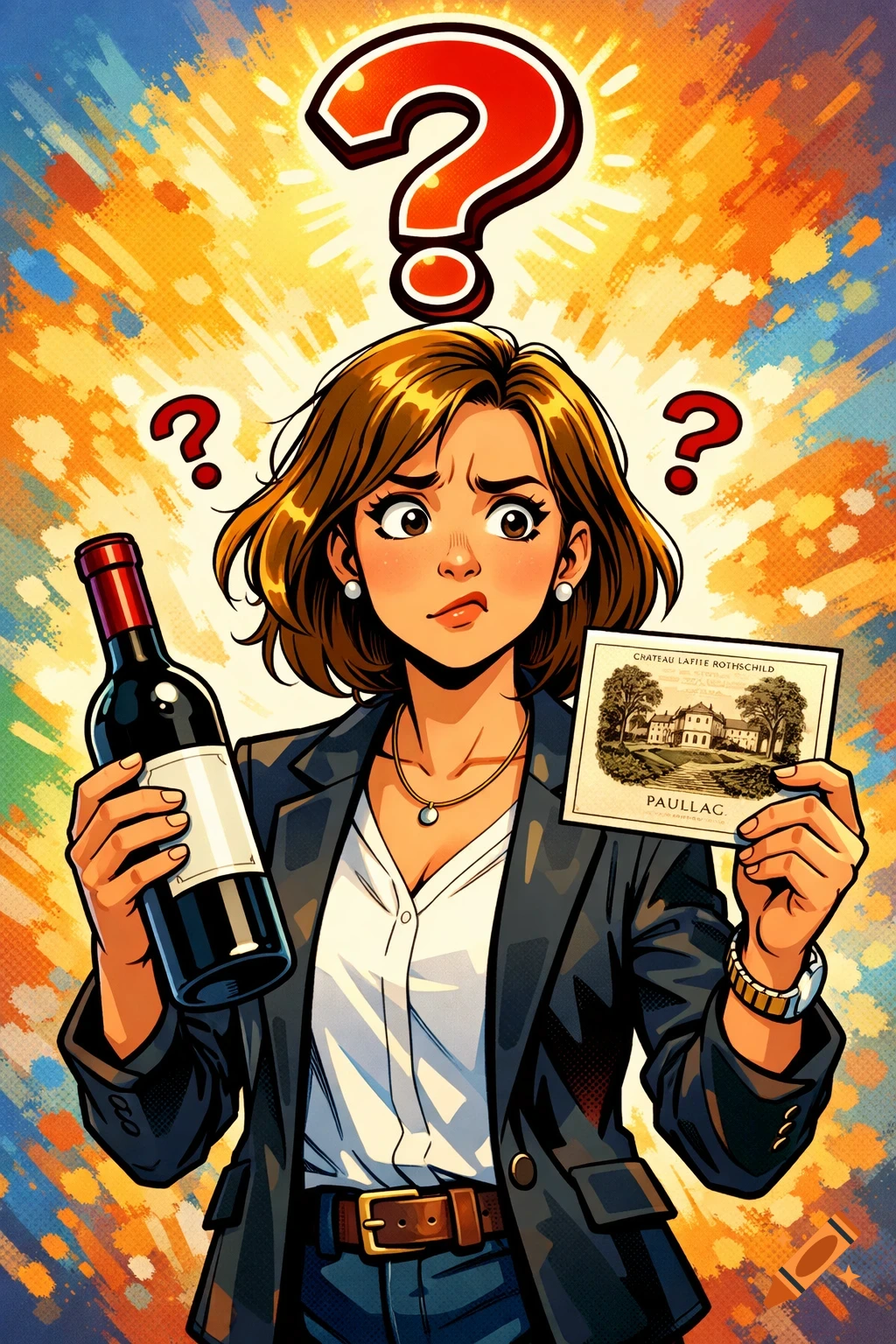 A confused woman in a comic illustration holds a wine bottle and a Lafite label, with a large question mark above her head.
