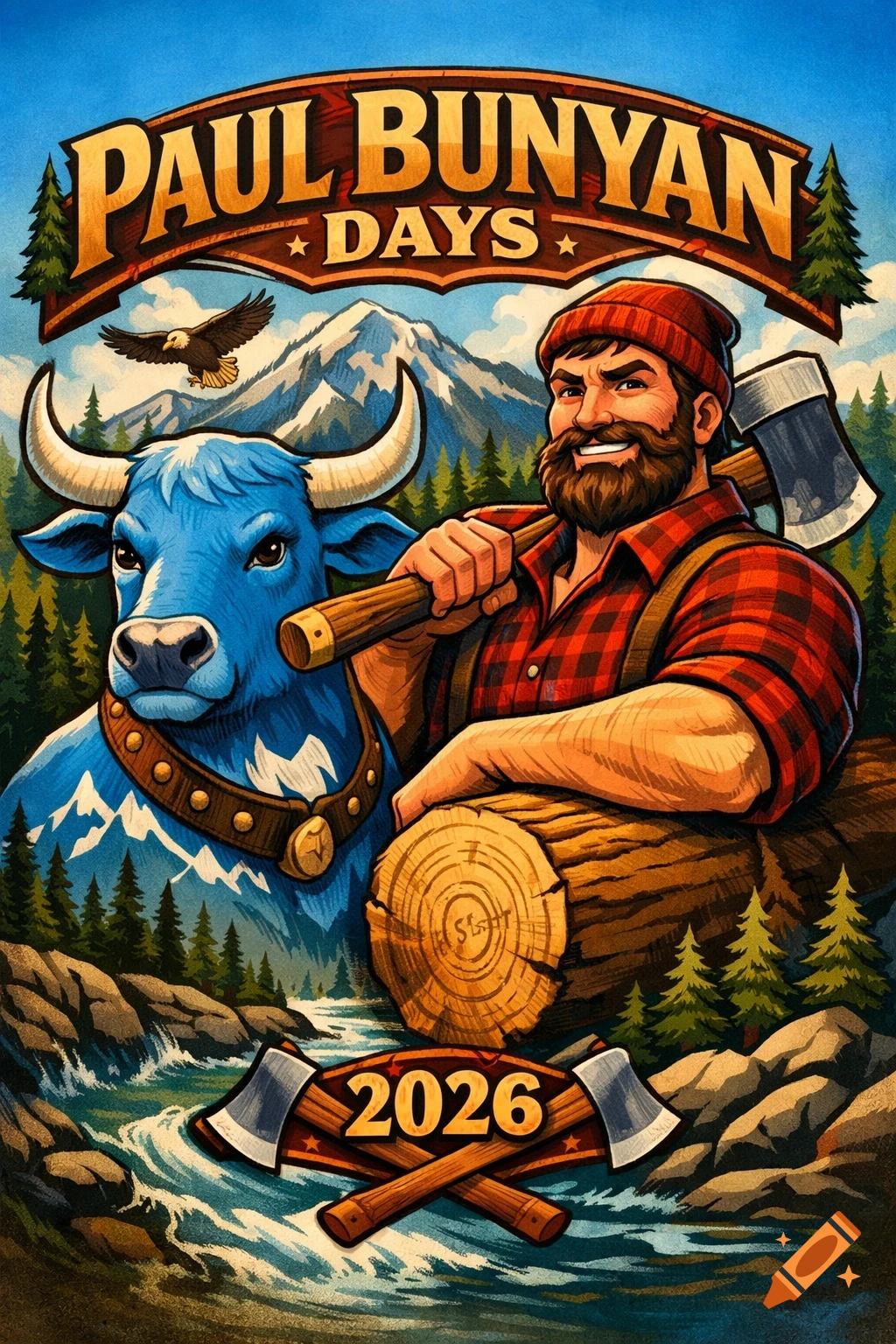 Stylized poster of Paul Bunyan with Babe the Blue Ox, holding an axe, in a mountainous forest landscape with a river. Text reads "Paul Bunyan Days 2026".