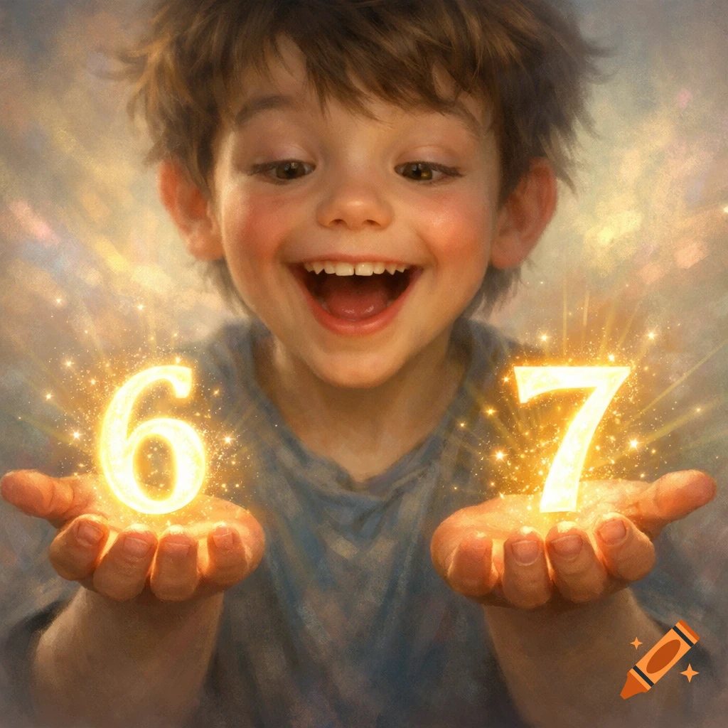 A smiling child holds glowing numbers 6 and 7 in his open hands, surrounded by magical light and sparkles.