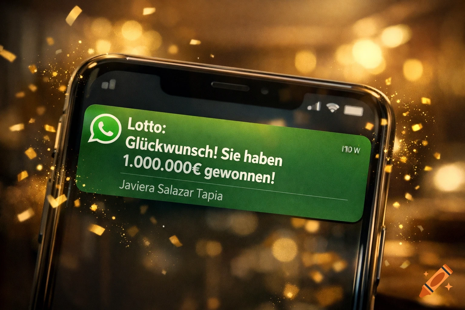 A photorealistic image of a smartphone displaying a WhatsApp message from 'Lotto' congratulating 'Javiera Salazar Tapia' on winning 1,000,000 , surrounded by golden confetti.