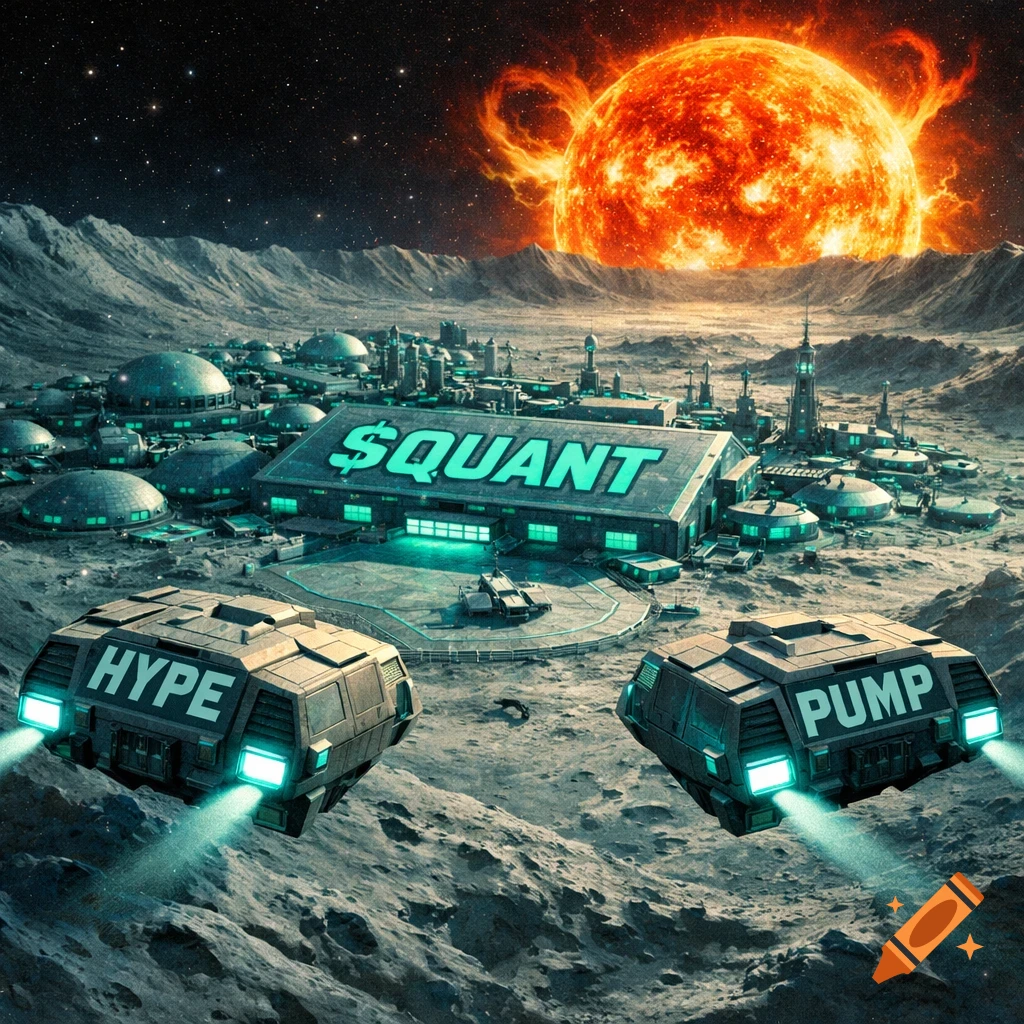 A futuristic moon base with domed buildings and a '$QUANT' sign, under a colossal sun with solar flares. Two retro-futuristic spaceships labeled 'HYPE' and 'PUMP' approach.