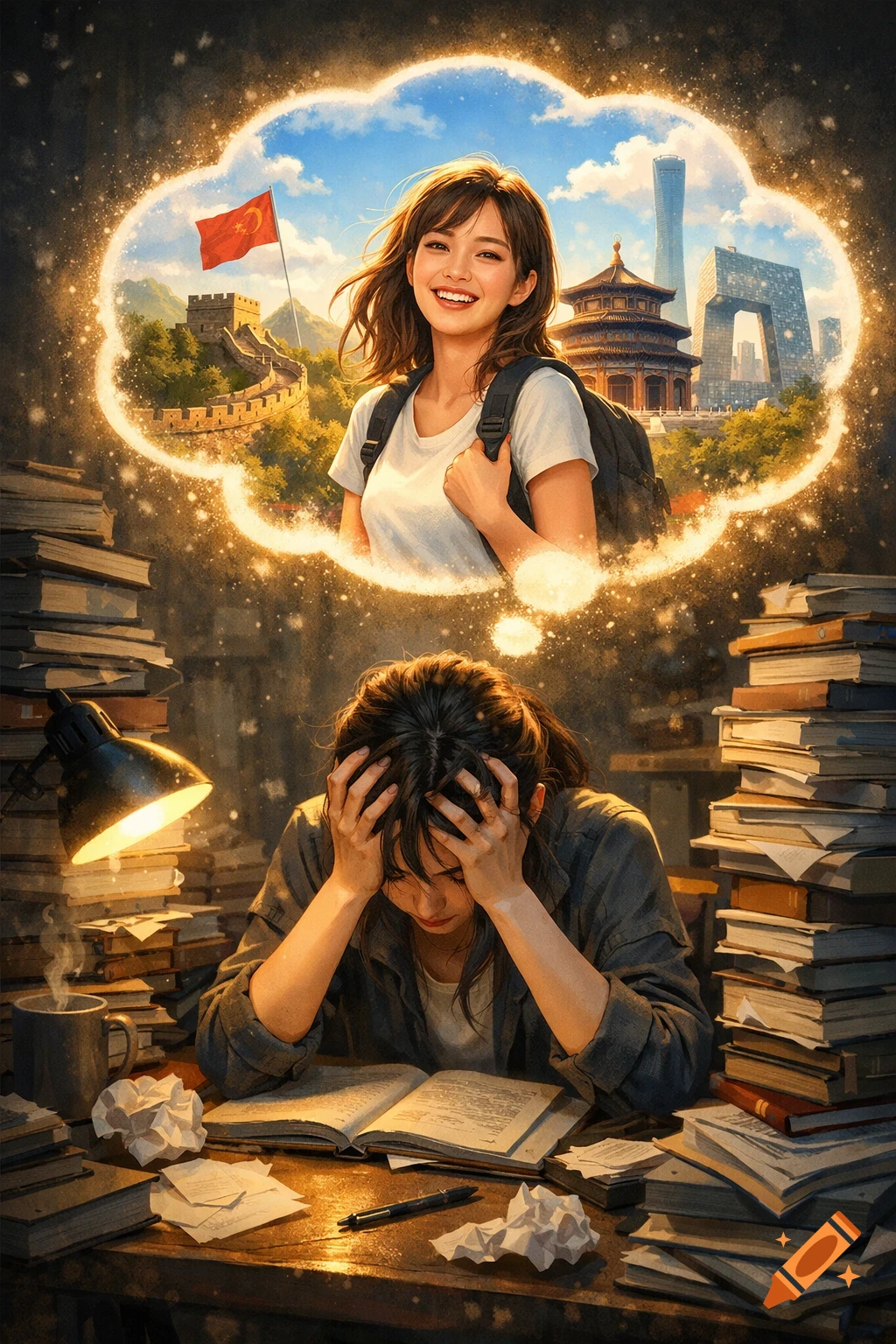 Digital art of a distressed student surrounded by books, dreaming of travel to China, featuring the Great Wall, a traditional temple, and a modern city skyline.