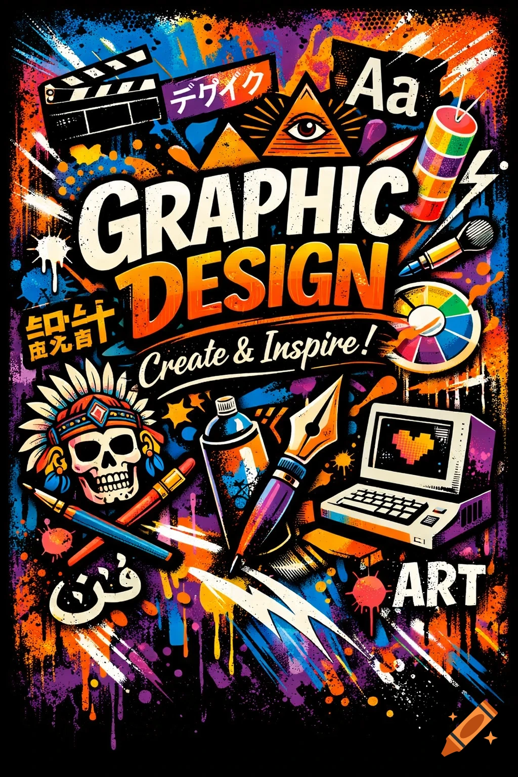 Vibrant graffiti-style poster celebrating graphic design, featuring text, a skull, computer, art tools, and diverse symbols.