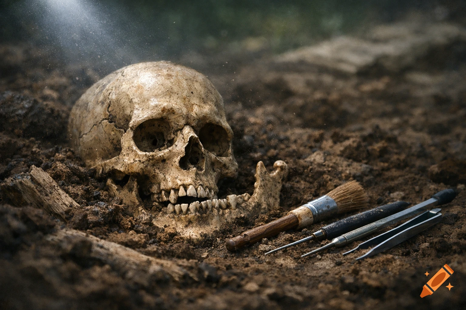 A human skull partially buried in dark soil, illuminated by a beam of light, with archaeological tools beside it.