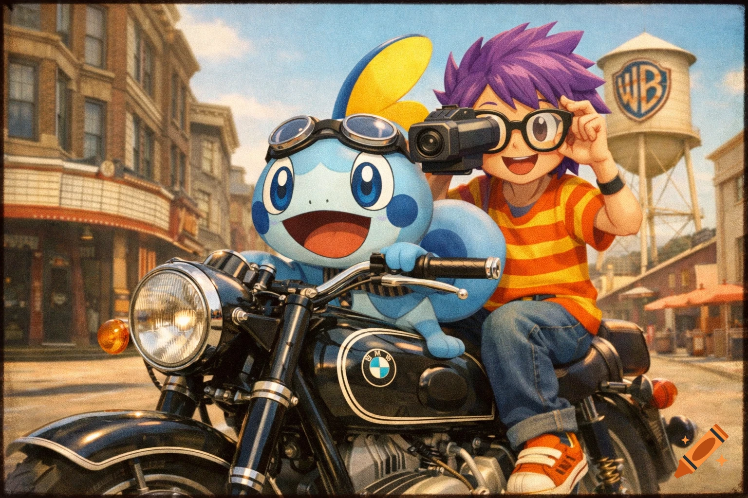 Anime boy with purple hair and glasses rides a classic BMW motorcycle with Sobble, a blue Pok 00e9mon in goggles, in front of a city street and WB water tower.