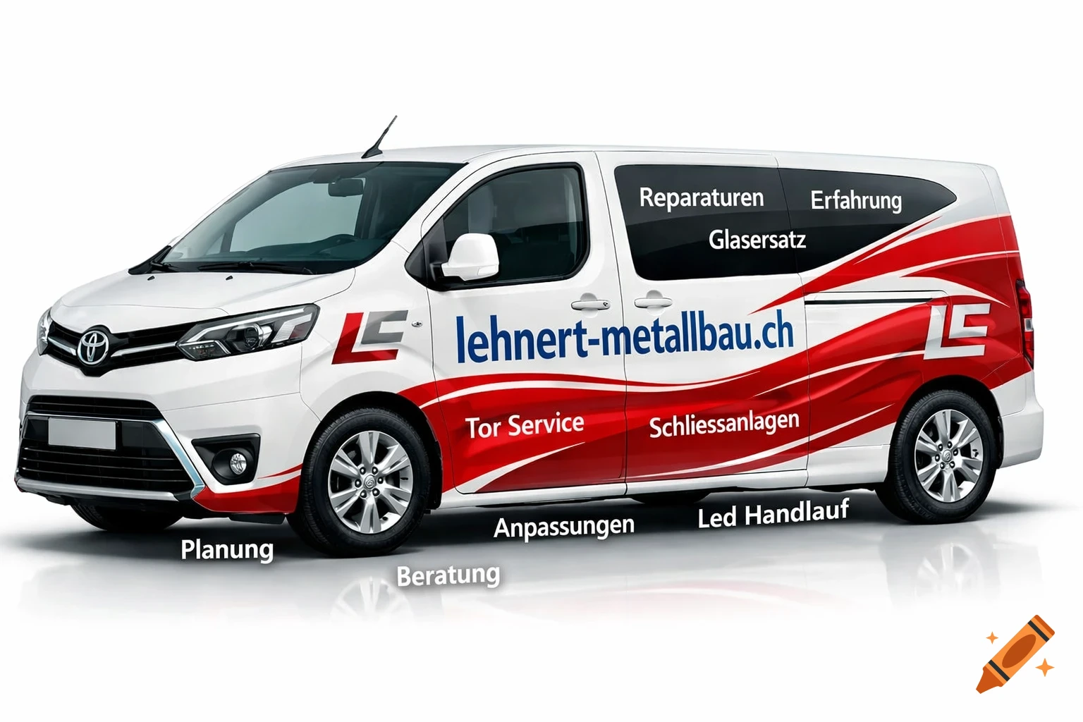 A white Toyota Proace Verso van with red and blue branding for "lehnert-metallbau.ch", featuring service descriptions like "Reparaturen" and "Planung".
