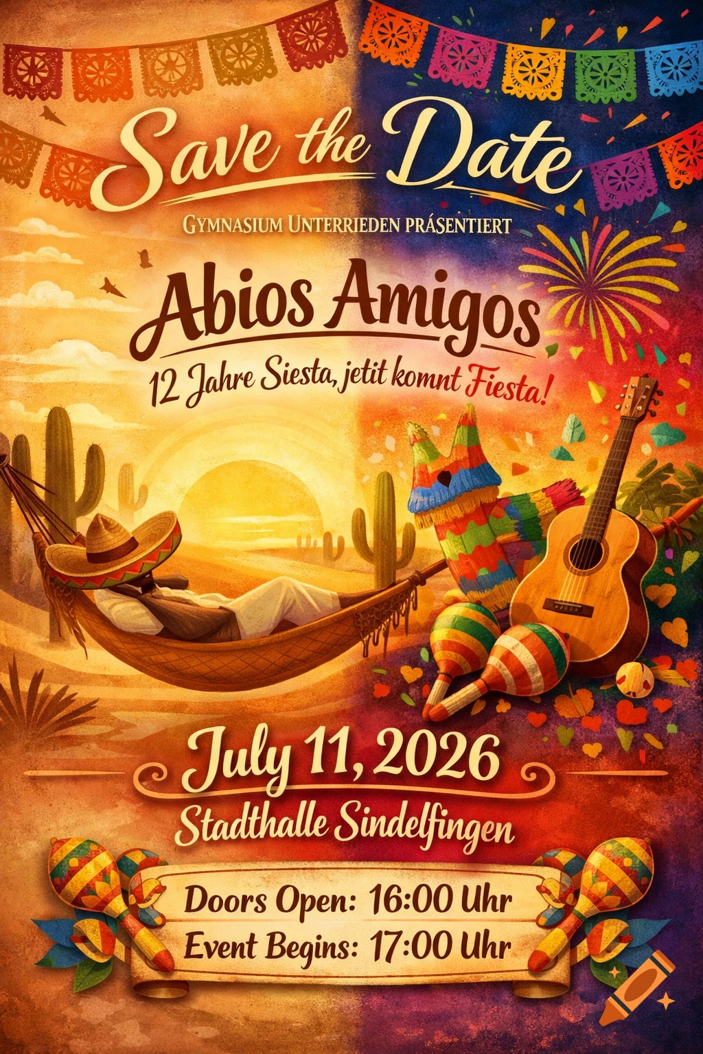 A colorful Save the Date flyer for an event called "Abios Amigos," featuring a man in a sombrero sleeping in a hammock, cacti, a sunset, a piñata, and maracas, with festive banners.