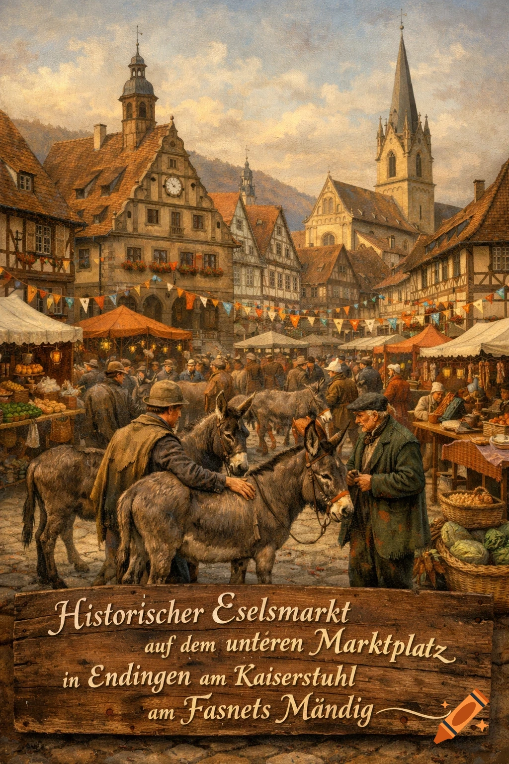 A painting of a bustling historical market square with people, donkeys, stalls, and old European architecture under a cloudy sky.