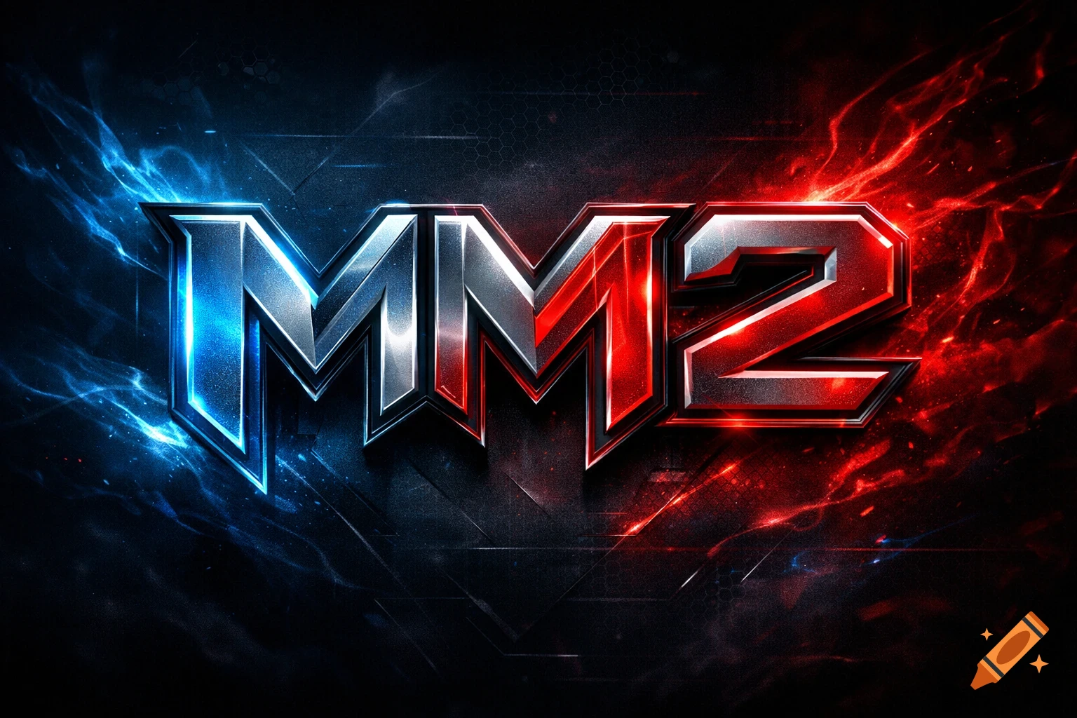 Stylized metallic 'MM2' logo, with the left side glowing blue and the ...