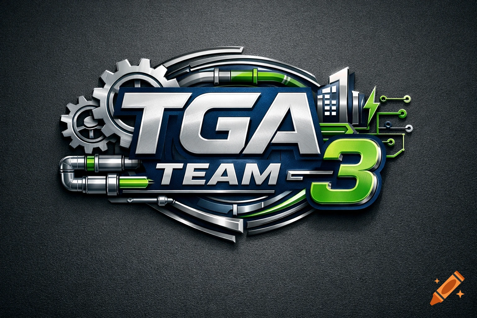 A 3D metallic and green logo with the text "TGA TEAM 3" surrounded by industrial gears, pipes, and circuit board elements on a dark textured background.