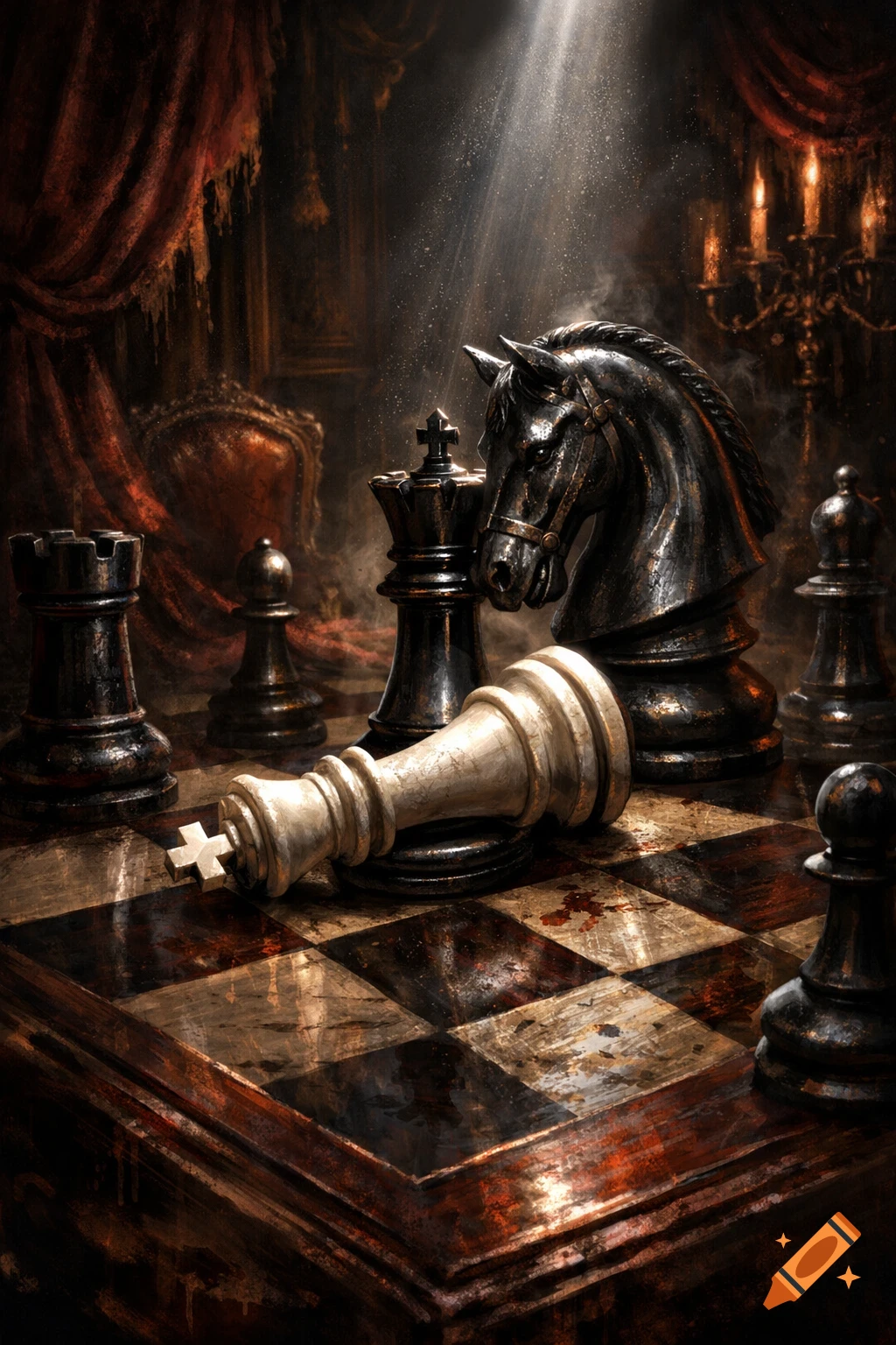 Dramatic close-up of a gothic chess board with a fallen white king and dark chess pieces under a ray of light, against a backdrop of red drapes and candles.