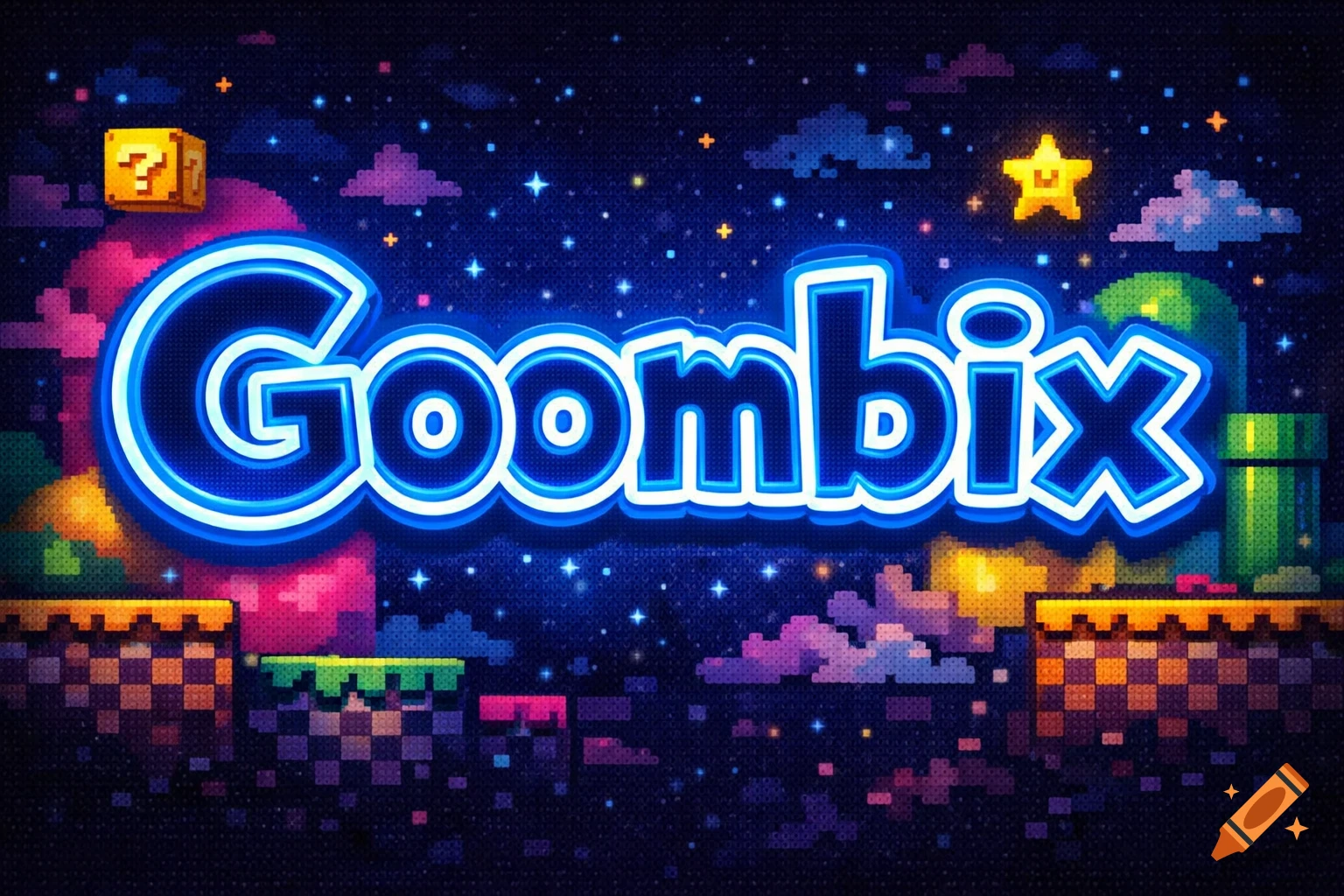 Neon blue 'Goombix' text in a pixel art Super Mario World background with blocks and stars.