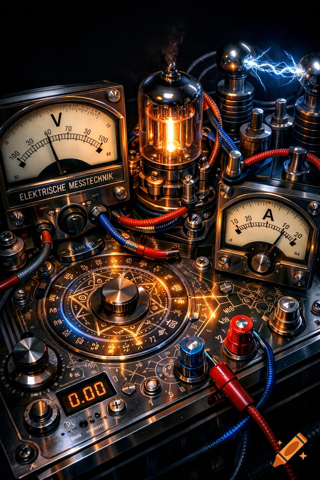 Dark, detailed steampunk electrical measurement equipment with glowing vacuum tubes, gauges, and blue electricity arcs.