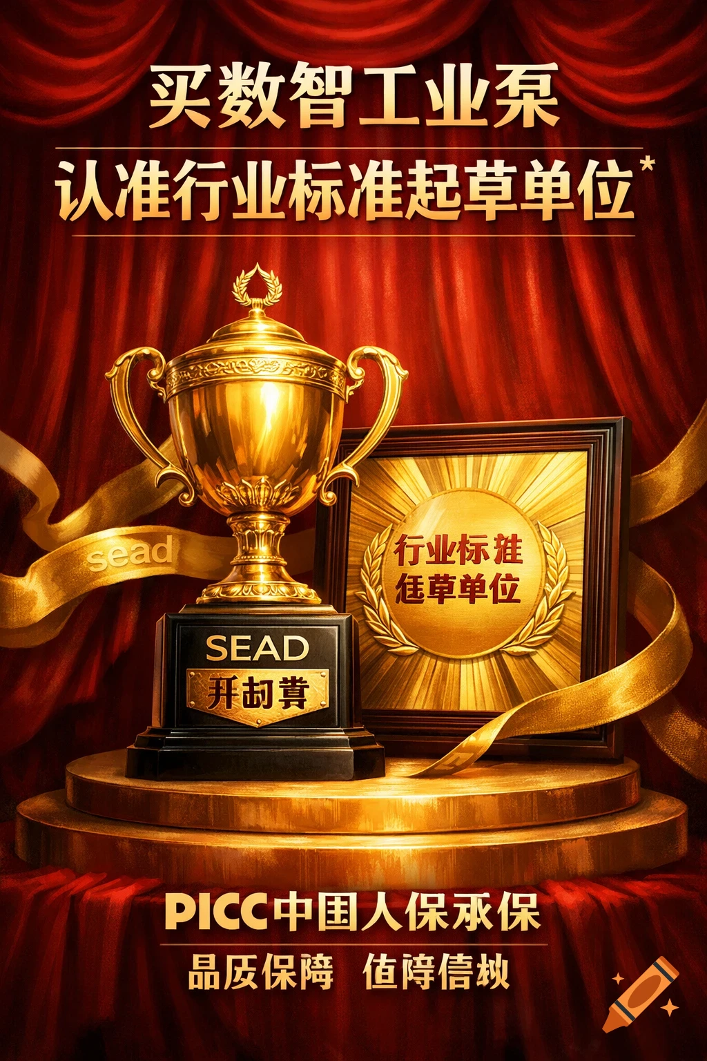 A vibrant red and gold poster features a large golden trophy and a matching plaque on a pedestal, against a draped red curtain. Text in Chinese and English 'SEAD' is visible throughout.