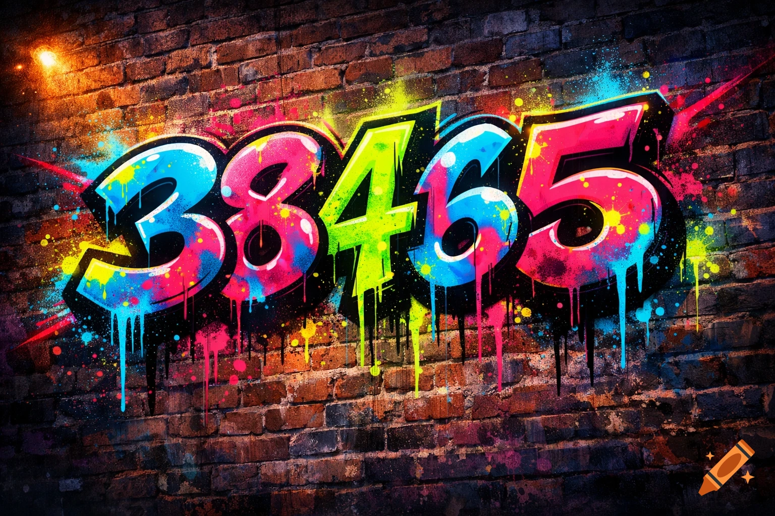 Colorful graffiti of the numbers 38465 painted on a brick wall, with paint drips and splatters.