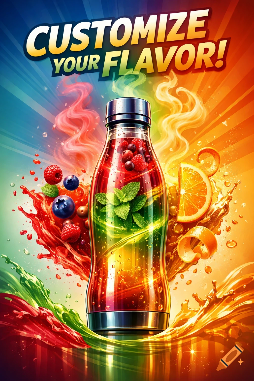 Vibrant ad poster with a clear bottle containing layered colorful liquid, berries, mint, and an orange slice against a rainbow background, with text "CUSTOMIZE YOUR FLAVOR!".
