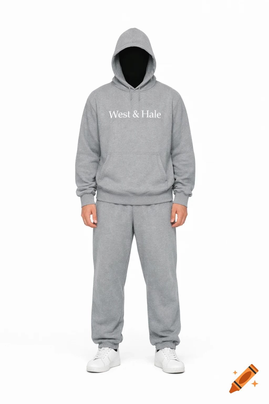 A person wearing a gray hoodie with 'West & Hale' text and matching gray sweatpants, on a white background.