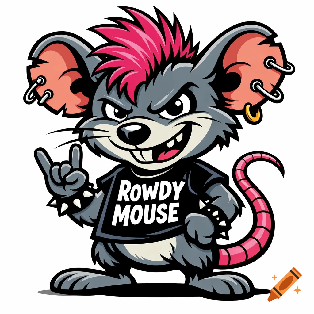 Cartoon punk mouse with a pink mohawk, piercings, studded bracelet, rock-and-roll hand sign, and a 'Rowdy Mouse' t-shirt.