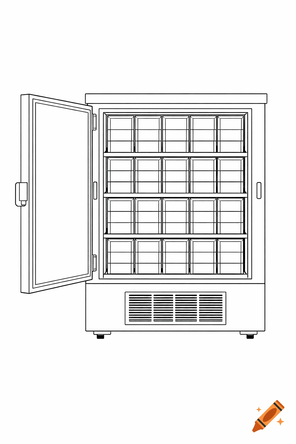Black and white blueprint-style technical illustration of a laboratory freezer with its door open, revealing five shelves with racks and drawers inside.
