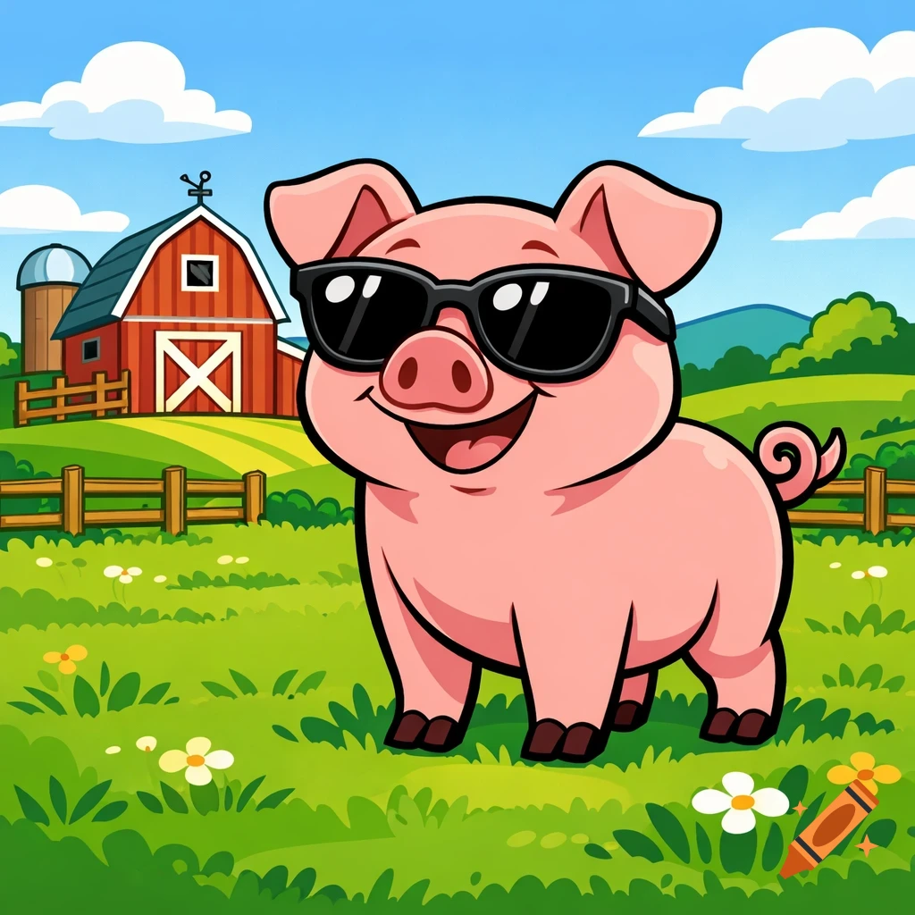 A cartoon pink pig wearing black sunglasses stands in a green field with a red barn and silo in the background.