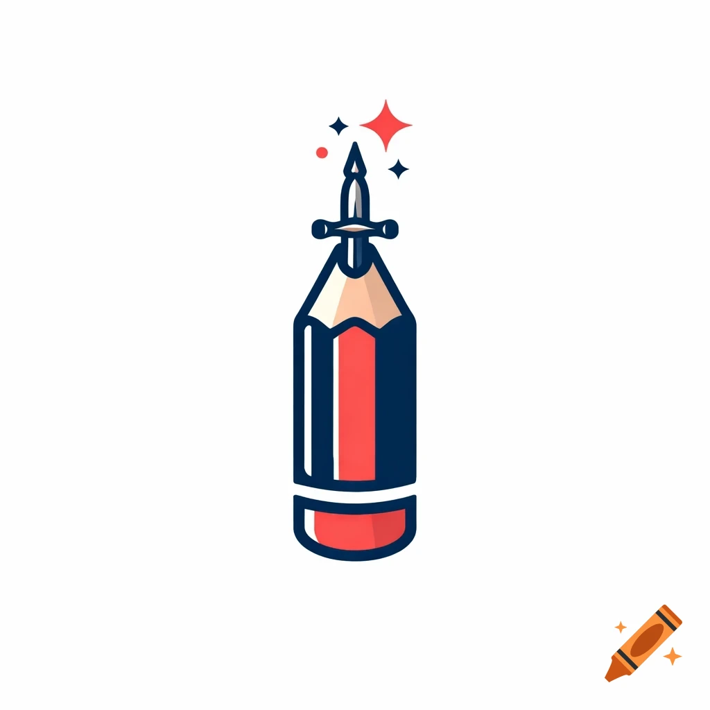 A flat vector logo of a navy pencil with a coral stripe and a sword tip, surrounded by red sparkles.