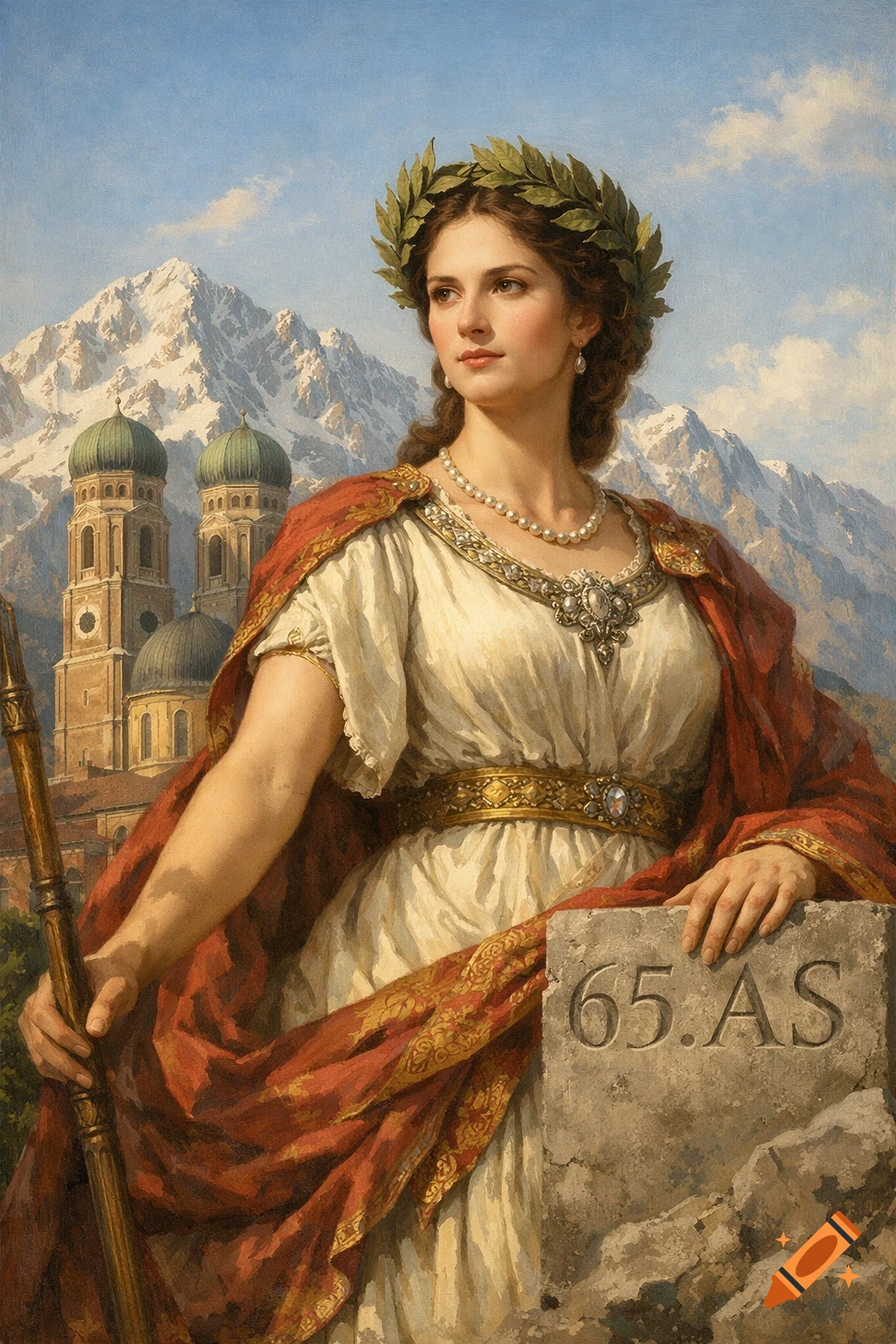 A woman in classical robes and a laurel wreath stands before a church and mountains, with '65.AS' carved on a stone.