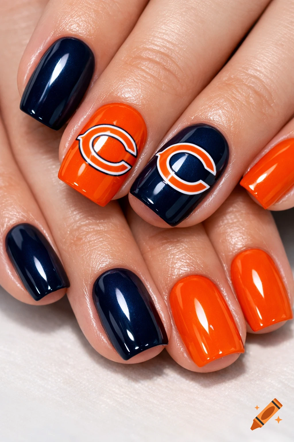 Close-up of fingernails painted in navy blue and orange with the Chicago Bears 'C' logo, featuring professional sports nail art.