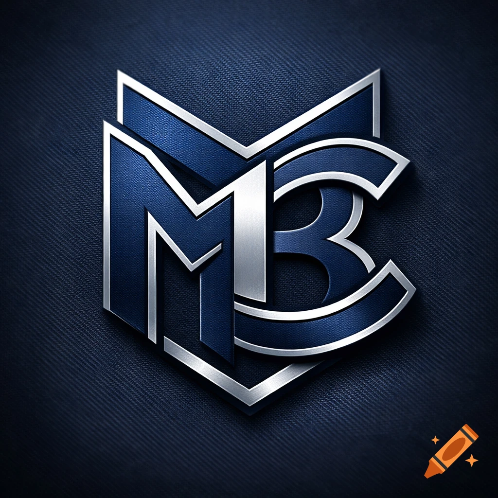 A stylized metallic logo with interwoven silver and blue letters M, B, and C, on a dark blue textured background.