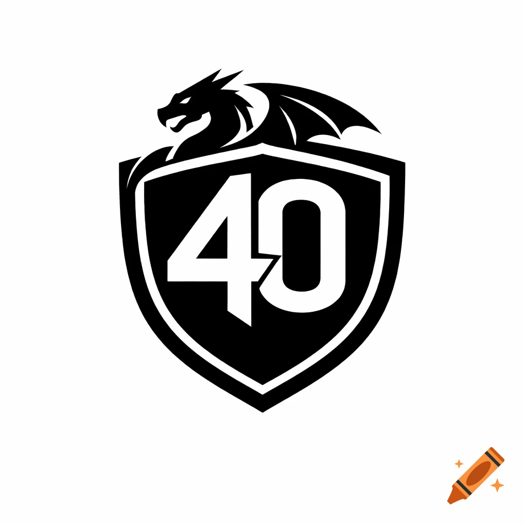 A black and white logo features the number 40 on a shield, with a dragon's head and wings emerging from behind it.