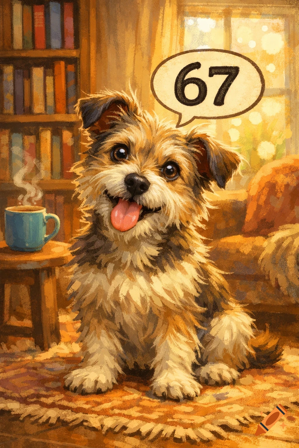 A happy, fluffy terrier-mix dog sits smiling with its tongue out in a warm, painterly room, with '67' in a speech bubble.