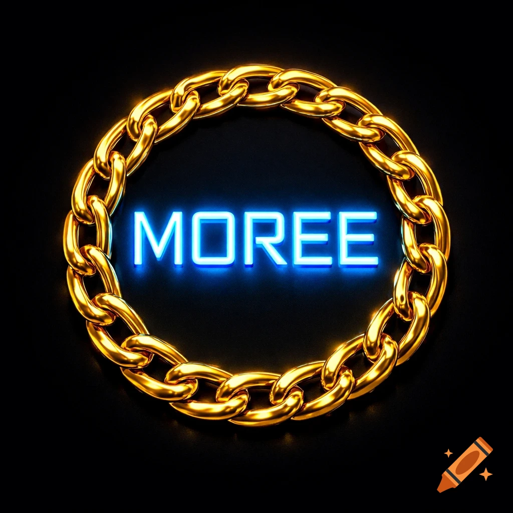 A logo featuring the word MOREE in blue neon light encircled by a shiny golden chain on a black background.