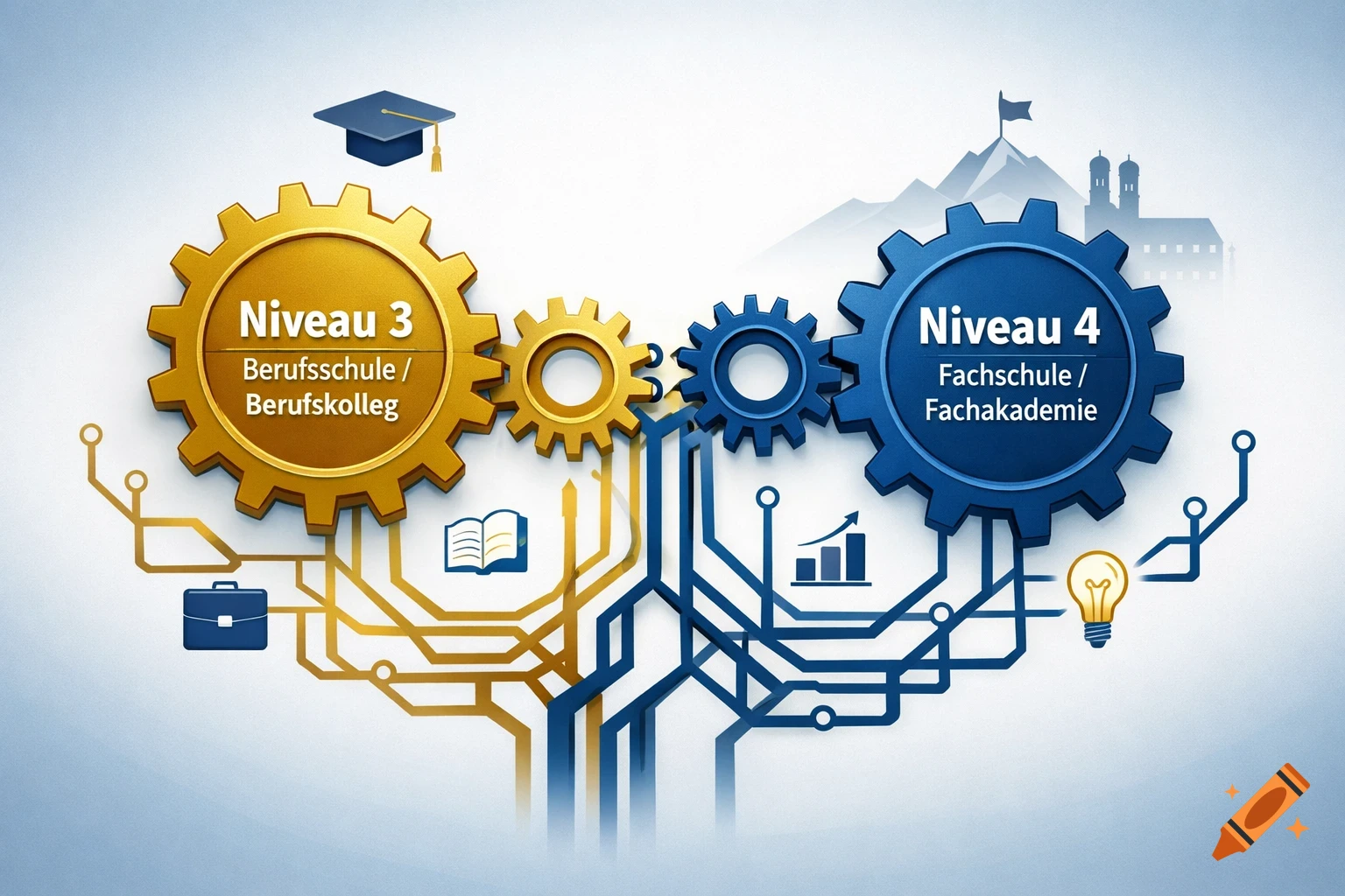 3D illustration of golden and blue gears labeled 'Niveau 3 Berufsschule' and 'Niveau 4 Fachschule', connected by circuits, with educational and career icons.
