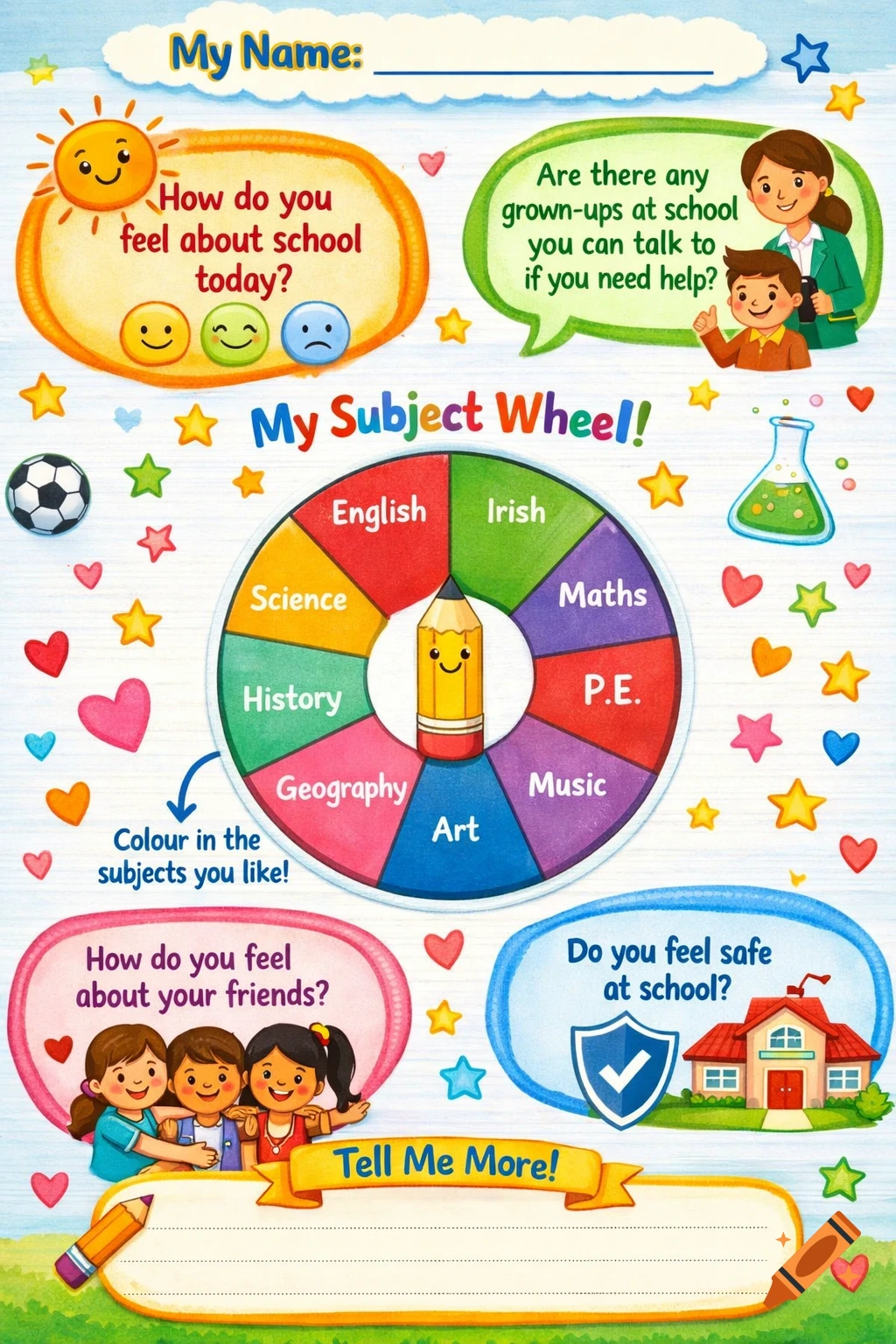 A colorful educational poster for children, featuring a 'Subject Wheel' with subjects like English, Maths, and Science. It includes questions about feelings towards school and friends, and a space for the child's name, all in a cheerful cartoon style.