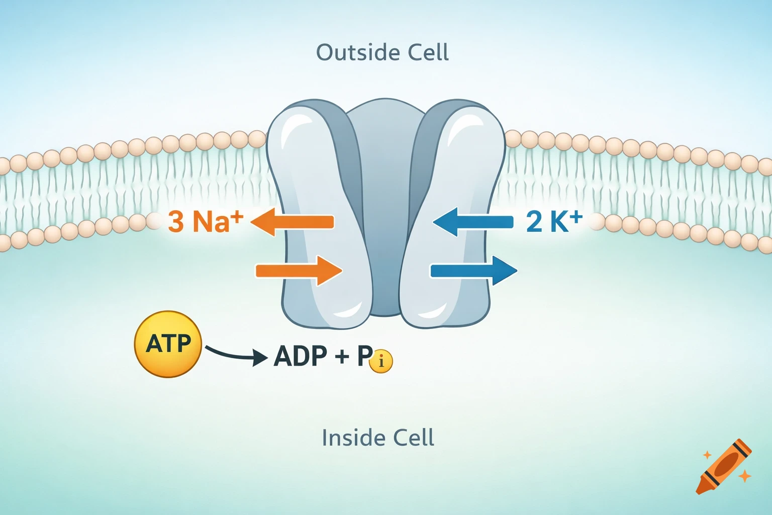 A biology diagram illustrates the sodium-potassium pump, showing 3 Na+ ions exiting and 2 K+ ions entering the cell membrane, powered by ATP.