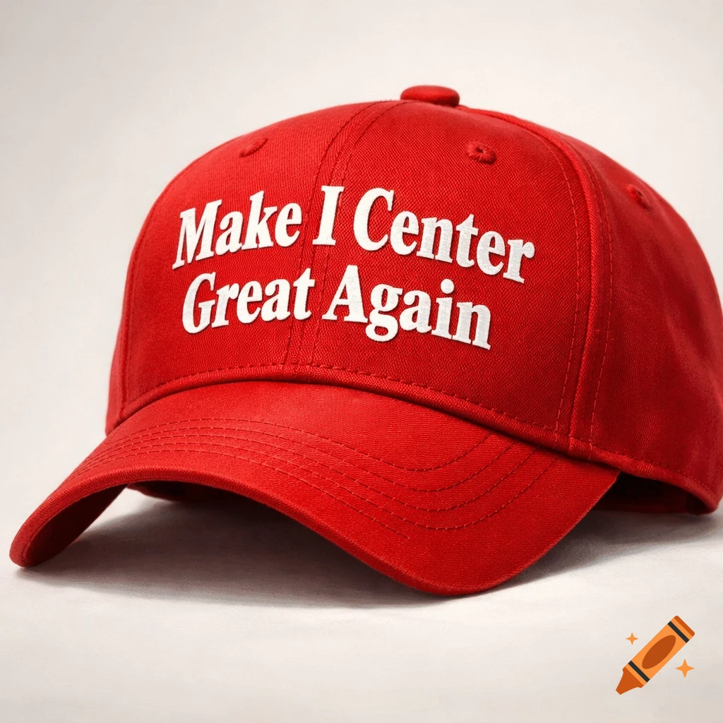 A red baseball cap with "Make I Center Great Again" embroidered in white on the front.