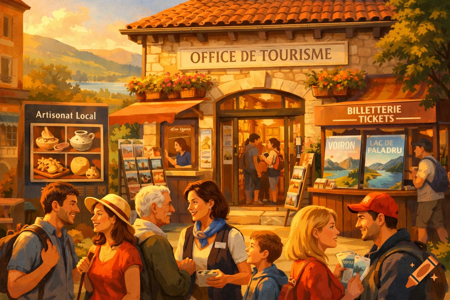 An illustration of a bustling French-style town square with a "Office de Tourisme" building, surrounded by people, mountains, and a lake in the distance.