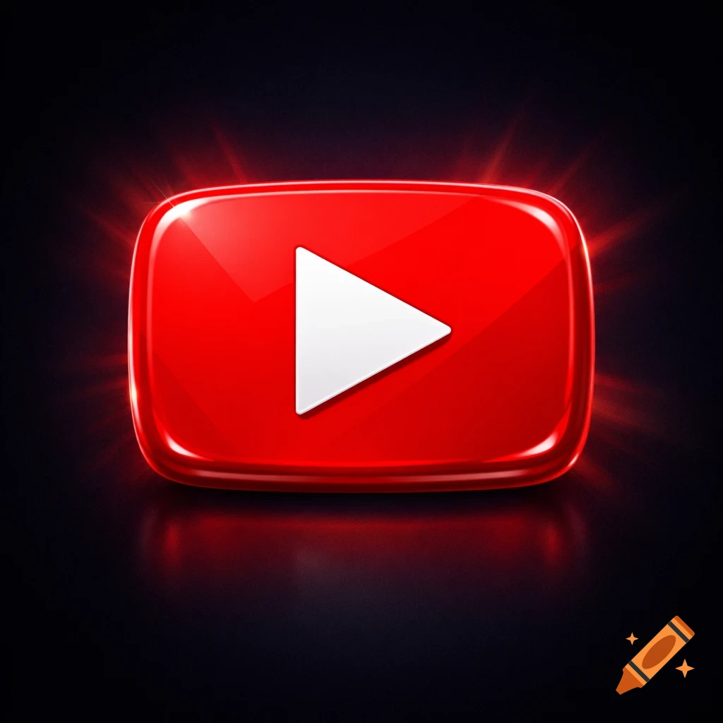 A glossy red YouTube play button icon with a glowing red aura on a dark background.