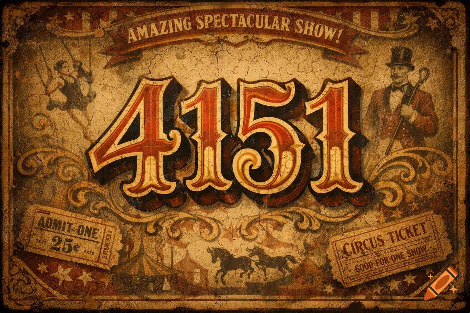 A vintage, distressed circus poster with large numbers "4151", an acrobat, a ringmaster, horses, and tickets, in sepia tones.